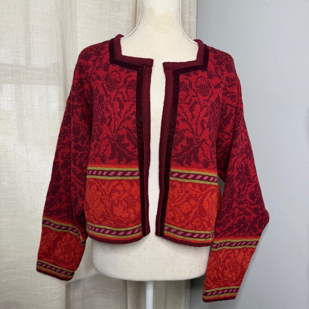 Vintage Oleana Wool Cardigan Sweater Nordic Floral Jacquard Velvet Trim S/M/L